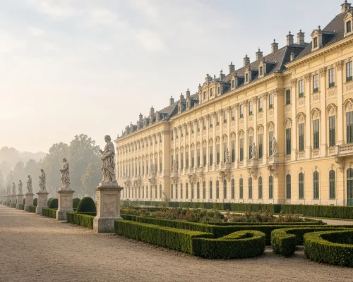 Things to do in Vienna - baroque palace wing and formal gardens under soft morning light with statues along a gravel avenue,