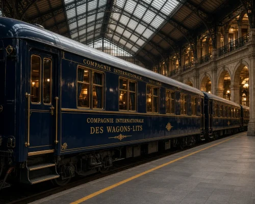 Luxury train journeys Europe - dark blue vintage sleeping car with gold lettering standing at a grand station platform under