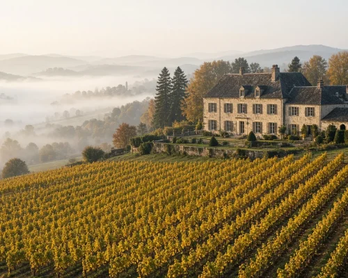 European wine regions - rows of vines turning gold across rolling hills with a stone estate house and morning mist in the val