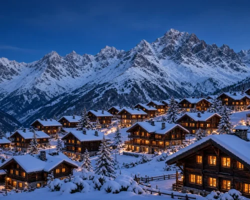 Luxury ski resorts Europe - alpine village of timber chalets under snow with lit windows and high peaks behind at blue hour,