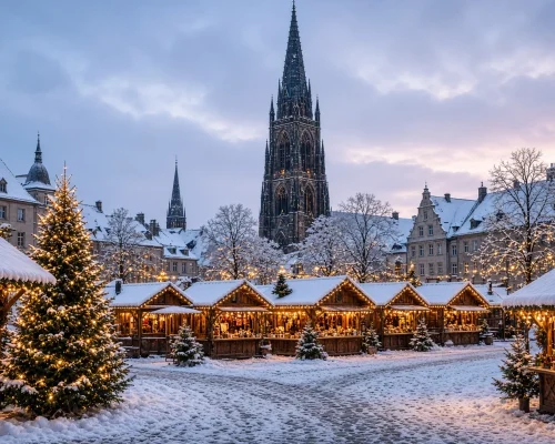 European christmas markets - lit wooden stalls filling a historic old town square in the snow at dusk with a gothic tower abo