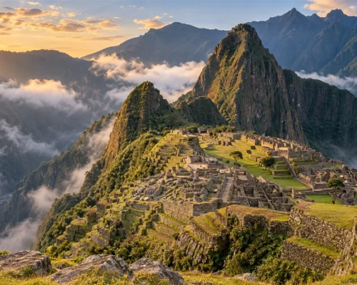 Machu Picchu luxury travel — citadel terraces and Huayna Picchu peak rising from morning mist above the Urubamba gorge, soft