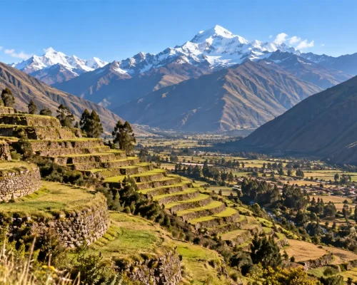 Best time to visit Peru — terraced Andean valley and snow-capped peaks under a clear dry season sky, crisp morning light, edi