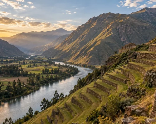 Sacred Valley luxury travel — Urubamba river winding through green Andean valley with Inca terraces and mountain slopes, warm