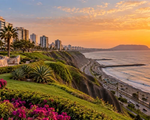 Things to do in Lima — clifftop Malecón gardens in Miraflores above the Pacific and the Costa Verde, soft late afternoon ligh