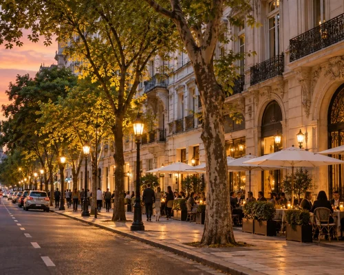 Things to do in Buenos Aires — tree-lined Recoleta avenue at dusk with Belle Époque facades, warm streetlights and café terra