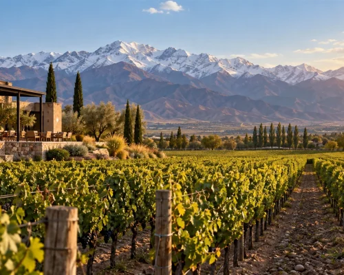 Mendoza wine country — rows of Malbec vines leading toward the snow-capped Andes under clear late afternoon light, editorial