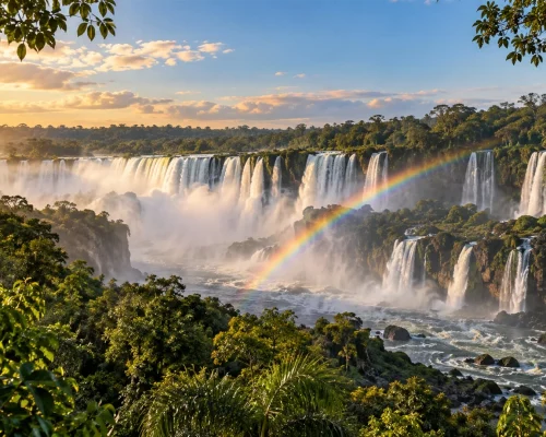 Iguazu Falls travel guide — curtain of waterfalls framed by subtropical rainforest with mist and a rainbow over the gorge, ed
