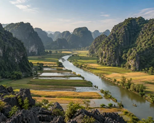Best time to visit Vietnam — limestone karsts and a quiet river winding through rice fields in Ninh Binh, clear autumn light,