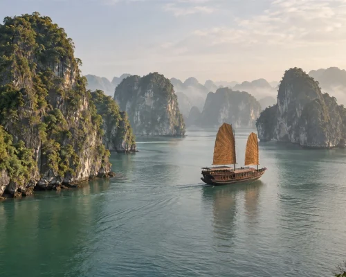Halong Bay and Ninh Binh — limestone karst towers rising from calm emerald water with a traditional junk sailing between them
