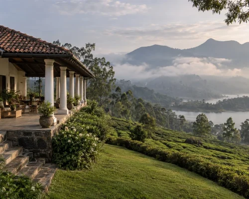 Sri Lanka tea country — colonial planter's bungalow with a wide veranda above green tea terraces and a misty reservoir, edito