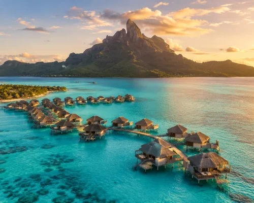 Aerial view of Bora Bora overwater bungalows stretching into turquoise lagoon with Mount Otemanu volcanic peak in background,