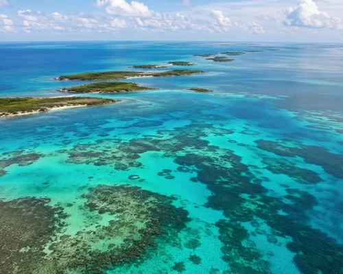 Aerial view of Belize Barrier Reef with turquoise Caribbean water coral formations and green cayes in the distance, bright tr