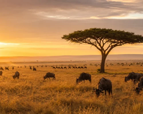 Best time for a Kenya safari — lone acacia tree on the Masai Mara plains at sunrise with wildebeest herds and golden light, i