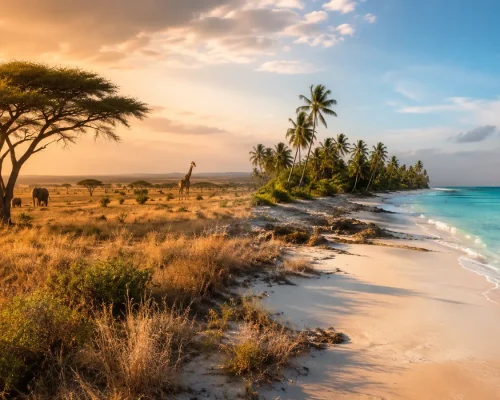 Split landscape showing golden African savannah with wildlife on one side transitioning to turquoise Indian Ocean beach on th