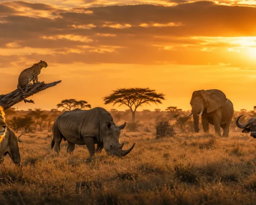Big five safari — dramatic composite of lion, leopard, rhino, elephant and buffalo silhouettes against a golden African sunse