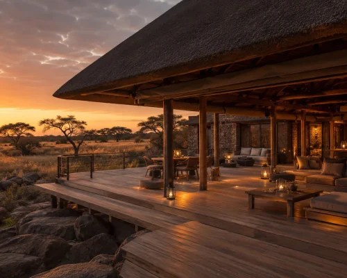 Luxury safari lodge exterior with open-plan lounge overlooking the African bush at sunset, warm lighting and contemporary des