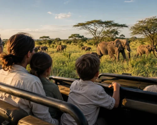 Family safari in Africa — parents and children on an open safari vehicle watching elephants in a green savanna with warm gold