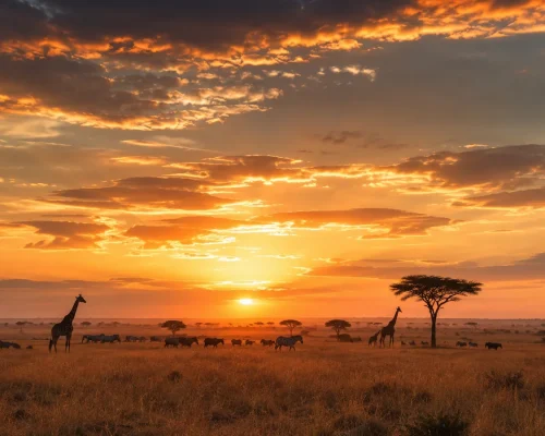 Best time for african safari — golden African savanna landscape at sunset with scattered wildlife silhouettes and dramatic sk