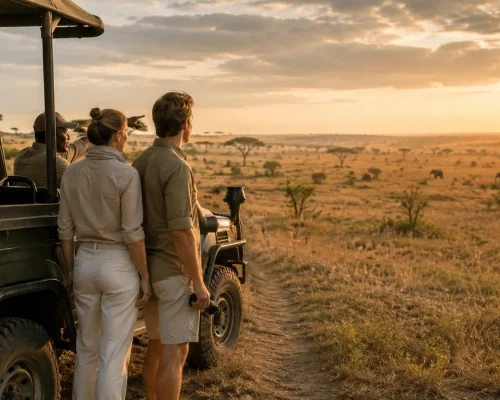 First time safari planning — couple standing beside an open safari vehicle looking out over the African savanna at golden hou