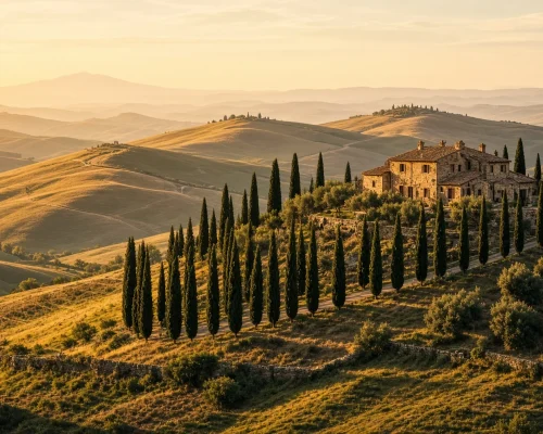 Best time to visit Italy — Tuscan hillside at golden hour with cypress avenue, stone villa and layered hills fading into warm