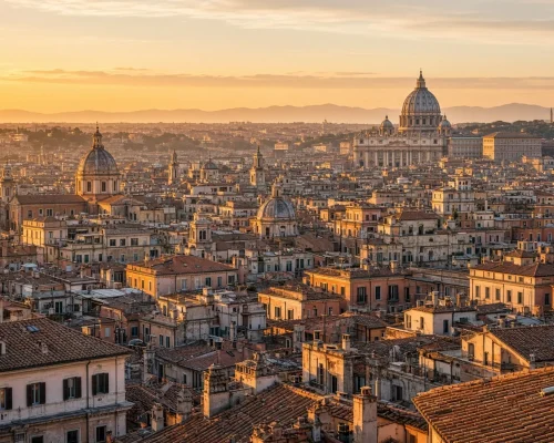 Things to do in Rome — rooftop view over Roman domes and terracotta rooftops at golden hour with St. Peter's dome on the hori