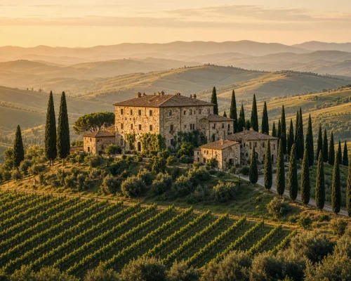 Tuscany luxury travel — stone country villa on a hilltop surrounded by vineyards and cypress avenues at golden hour, layered