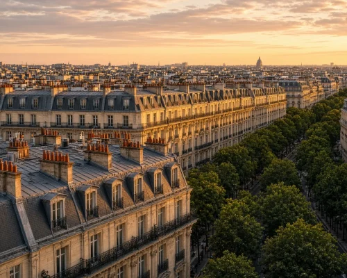 Things to do in Paris - Haussmann rooftops and zinc chimneys at golden hour with a quiet boulevard below and warm light acros