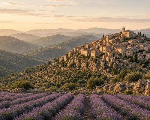 Provence luxury travel - hilltop stone village above lavender fields in full bloom with layered hills behind in warm evening