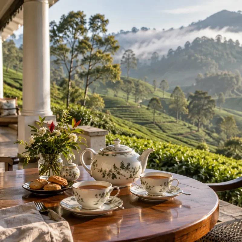 Colonial tea bungalow veranda with a pot of Ceylon tea and two porcelain cups, terraced tea estates and misty hills beyond, soft morning light