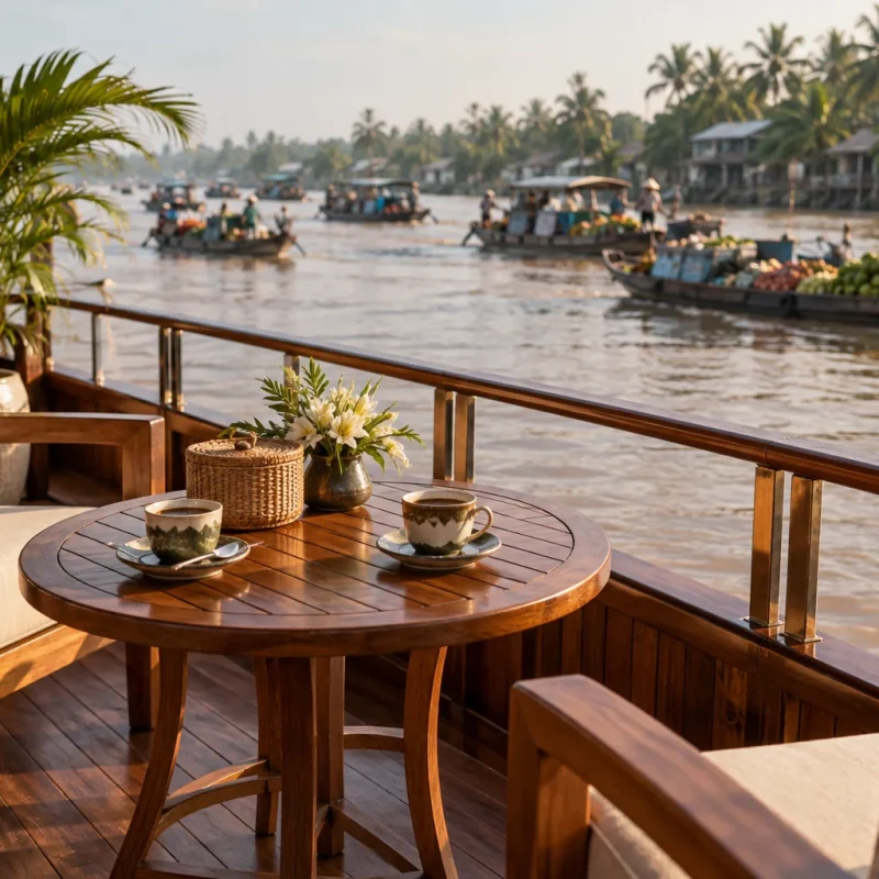 Teak deck of a private Mekong Delta river cruise with two cups of Vietnamese coffee, floating market boats and coconut palms beyond, morning light